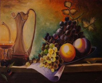 Named contemporary work « Fruit, Carafe de Vin et Partition sur Fond Marbré », Made by BOUTIN