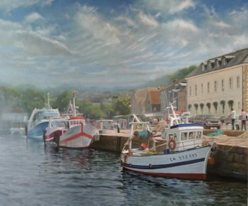 Named contemporary work « L'autre côté du port (Honfleur) huile sur toile 116x98 cm », Made by KHOUNFAIS