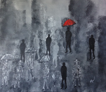 Named contemporary work « L'homme au parapluie rouge », Made by DELZENNE