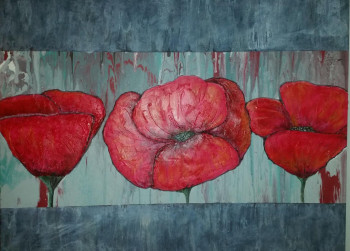 Named contemporary work « 3 coquelicots sur pouring gris », Made by FANY MAUDIEU