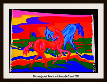 Named contemporary work « Chevaux dans un pré », Made by KAREN CHESSMAN