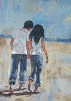 Named contemporary work « PROMENADE SUR LA PLAGE », Made by GHISLAINE LECA