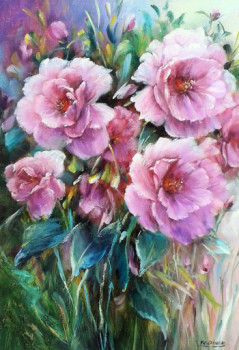 Named contemporary work « Les camélias du mois d'avril », Made by CHRISPAINT FLOWERS