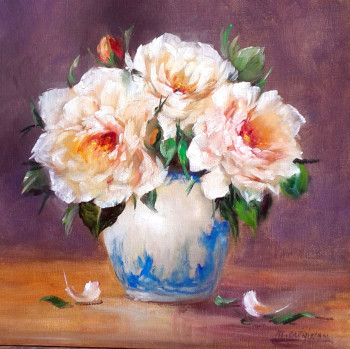 Named contemporary work « Le petit bouquet de roses », Made by CHRISPAINT FLOWERS