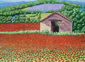 Named contemporary work « Champs de coquelicots au petit matin », Made by BRUNO LEMASSON