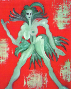 Named contemporary work « Femme verte sur fond rouge », Made by JACQUELINE GROUT