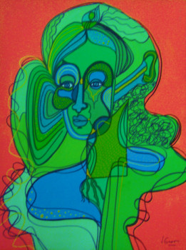 Named contemporary work « Portrait de femme verte sur fond rouge », Made by JACQUELINE GROUT