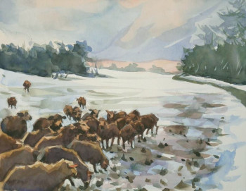 Contemporary work named « Moutons dans la neige (aquarelle 24 x 19). », Created by ARNOULD   -