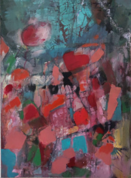 Named contemporary work « abstrait bleu et rouge », Made by MARYSE DAVETTE