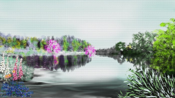 Named contemporary work « printemps sur le lac », Made by FRANçOISE DELEGLISE
