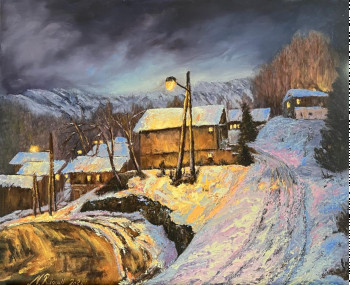 Named contemporary work « Nocturne hivernal dun village pyrénéen », Made by NADYA RIGAILL