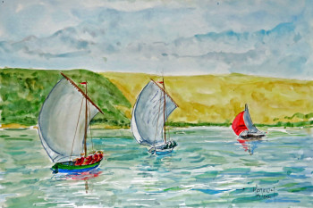 Contemporary work named « Deux pinassotes à voile devant la dune du Pilat », Created by MICHEL HAMELIN