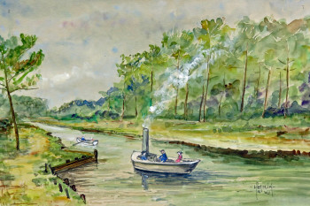 Contemporary work named « Canot à vapeur sur le canal de Cazaux », Created by MICHEL HAMELIN