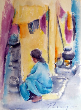 Named contemporary work « Cuisine dans la rue à Bijapur », Made by LECAMPION FRANçOISE
