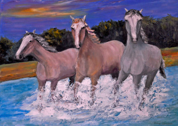 Named contemporary work « chevaux au galops en Camargue », Made by MARC LEJEUNE