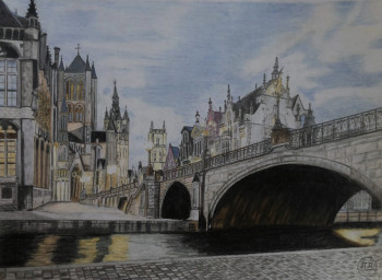 Named contemporary work « Pont Saint-Michel à Gand - Sint-Michielsbrug in Gent. », Made by PIRDESSINS