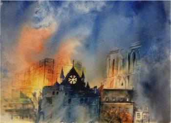 Named contemporary work « Notre Dame de Paris brûle », Made by MONIQUE FESQUET