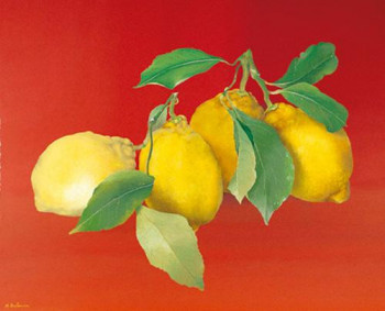 Named contemporary work « Citrons sur fond rouge », Made by MARTHE BRILMAN