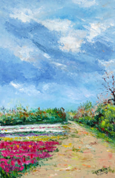 Named contemporary work « Promenade dans un champs de tulipes », Made by MICHEL HAMELIN
