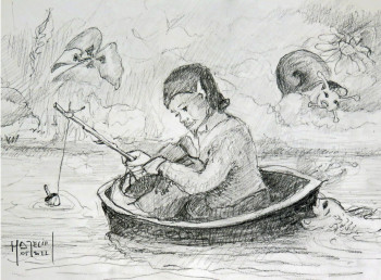 Named contemporary work « Le korrigan pêcheur dans une coquille de noix. », Made by MICHEL HAMELIN