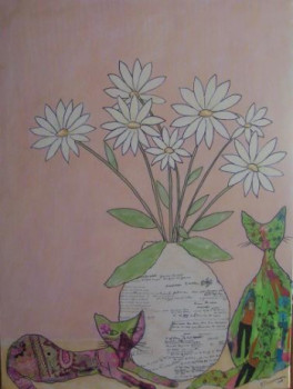 Named contemporary work « Bouquet aux chats », Made by DEVAREWAERRE RéGINE