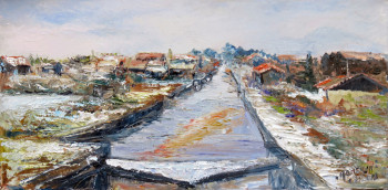 Named contemporary work « L'arrière port de La Teste de Buch sous la neige », Made by MICHEL HAMELIN