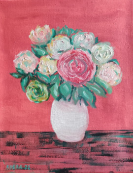 Named contemporary work « Roses dans un vase blanc », Made by KOZAR