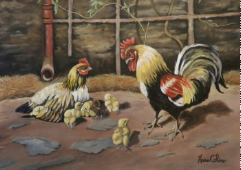 Contemporary work named « Coq et Poule la petite famille », Created by MARIE COLIN