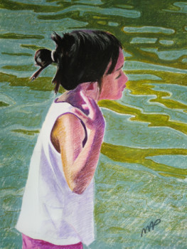 Named contemporary work « La petite fille songeuse au bord de l'eau N°1 1 », Made by MARIE'S PASTELS PAINTINGS