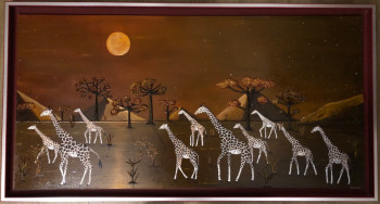 Named contemporary work « Girafes sous lune rousse », Made by FRANK