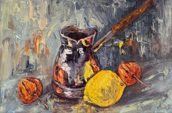 Contemporary work named « Cafetière avec citron et physalis », Created by NADYA RIGAILL