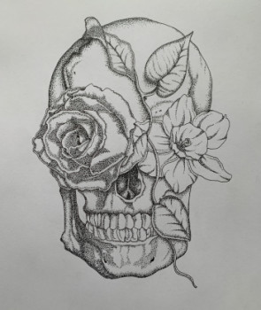 Named contemporary work « Skull x Flowers », Made by MAEV_INK