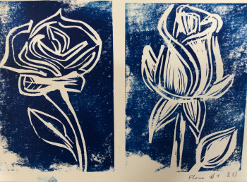 Named contemporary work « Flower blue linoprint #01 », Made by AERH ARTS