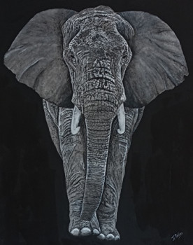 Named contemporary work « Éléphant d'Afrique sur toile 100 % coton 340 g/m2. Peinture Originale acrylique. », Made by JEAN-CLAUDE ROBLES