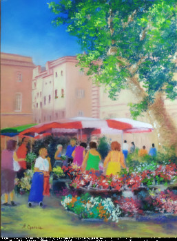 Named contemporary work « Marché aux fleurs à Aix en Provence », Made by ALAIN GARCIA