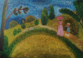 Named contemporary work « Dame en rose au bord de l'étang », Made by KOZAR
