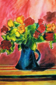 Named contemporary work « Roses dans un vase bleu », Made by GENEVIèVE SARAZIN