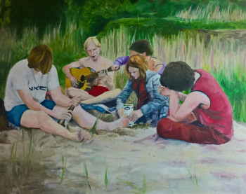 Named contemporary work « Friends sitting on the sand », Made by JéRéMY BRèTHES