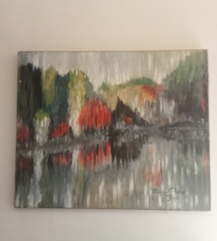 Named contemporary work « Lac d'automne huile sur toile 73x60 », Made by VéRONIQUE ROSE