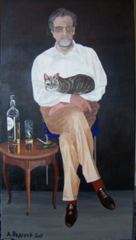 Named contemporary work « Autoportrait au chat », Made by ANDRé FEODOROFF