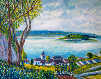 Named contemporary work « Vue bucolique sur Douanne et l'île St.Pierre », Made by KRIGOU CHRISTIAN SCHNIDER