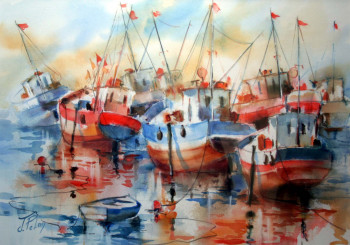 Named contemporary work « Bateaux de pêche à marée basse -14-021) », Made by JACQUELINE PELON