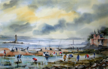 Named contemporary work « Partie de pêche à pied au Pouliguen (16-043) », Made by JACQUELINE PELON