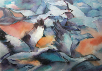 Named contemporary work « Oies en migration printanière (18-021) », Made by JACQUELINE PELON