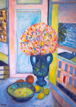 Named contemporary work « Bouquet de fleurs devant la fenêtre », Made by KRIGOU CHRISTIAN SCHNIDER
