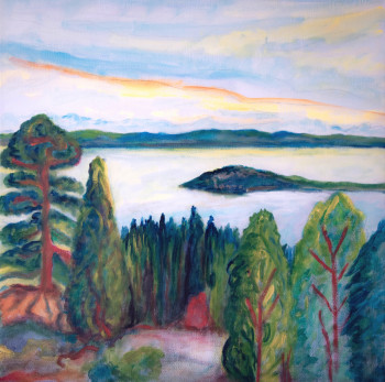 Named contemporary work « Île Saint-Pierre depuis la montagne de Douanne », Made by KRIGOU CHRISTIAN SCHNIDER