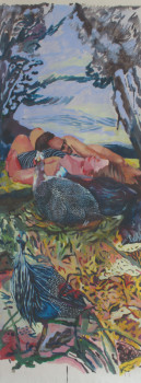 Named contemporary work « Couple allongé et quelques pintades dans les hautes herbes », Made by ROXANE VERQUIN