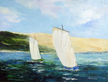 Named contemporary work « Deux pinassottes régatent devant la dune du Pilat », Made by MICHEL HAMELIN