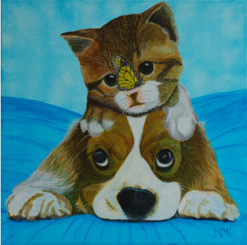 Named contemporary work « Chiot et chaton », Made by DOMI