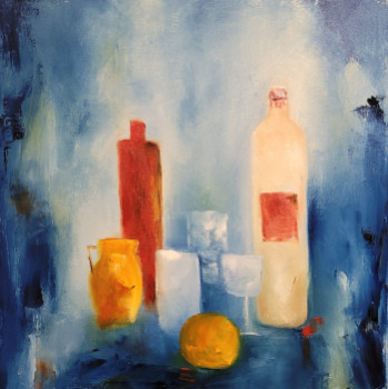 Named contemporary work « Bouteilles et orange », Made by NADINE DE LESPINATS